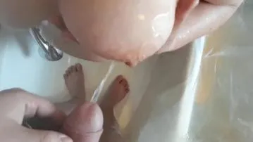 Pissing on sexy stepmothers tits
